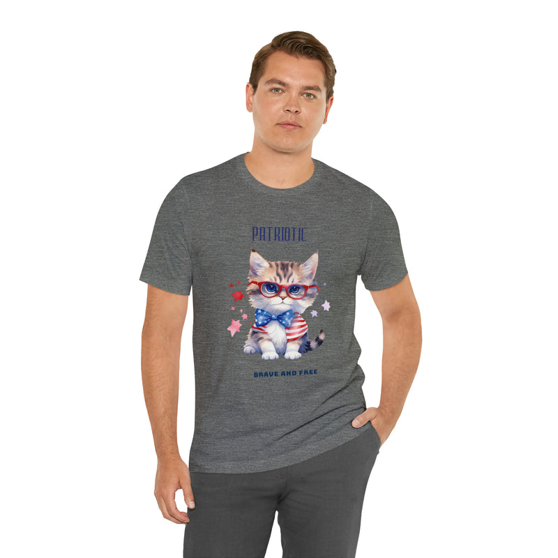 Curious and Cute Brave and Free Patriotic Cat Celebrating the 4th of July Short Sleeve T-Shirt