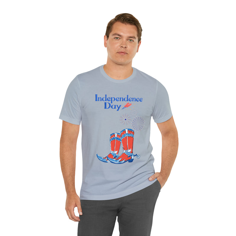 Happy Independence Day Red, White and Blue Cowboy Boots 4th of July Short Sleeve T-Shirt