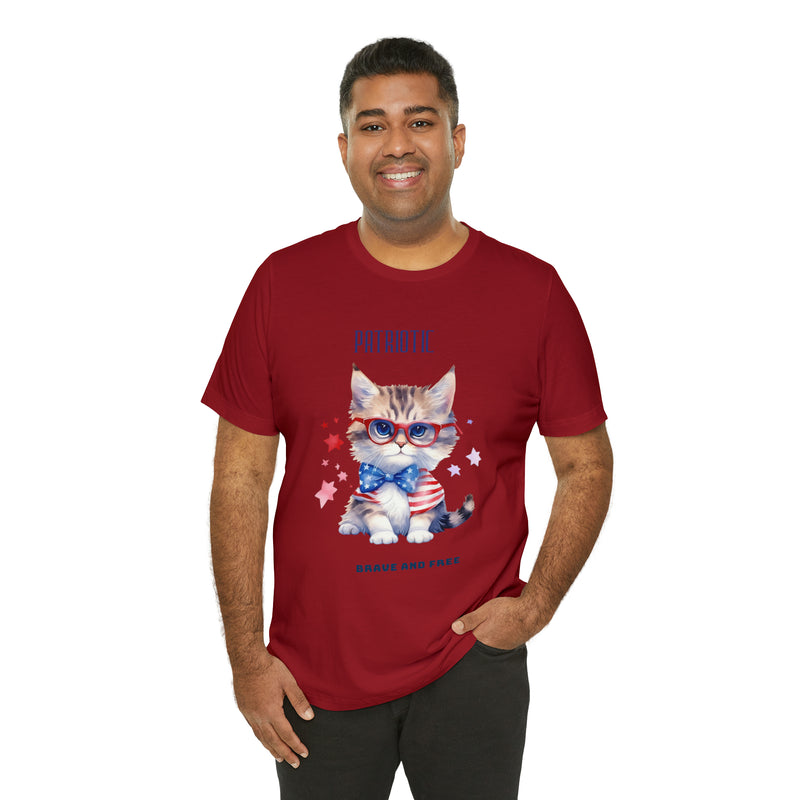 Curious and Cute Brave and Free Patriotic Cat Celebrating the 4th of July Short Sleeve T-Shirt