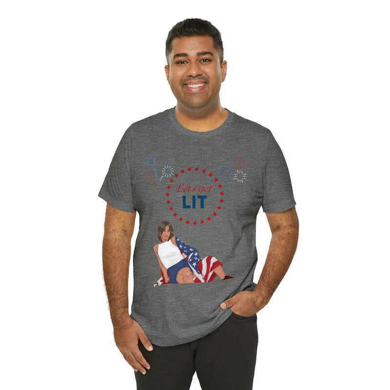 Let's Get Lit Lady Flags and Fireworks 4th of July Short Sleeve T-Shirt