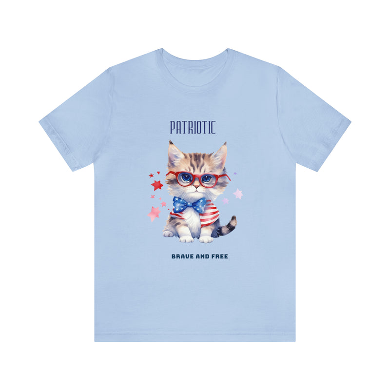 Curious and Cute Brave and Free Patriotic Cat Celebrating the 4th of July Short Sleeve T-Shirt