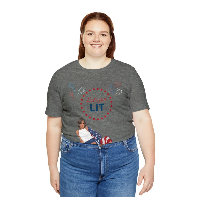 Let's Get Lit Lady Flags and Fireworks 4th of July Short Sleeve T-Shirt