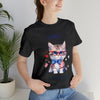 Curious and Cute Brave and Free Patriotic Cat Celebrating the 4th of July Short Sleeve T-Shirt