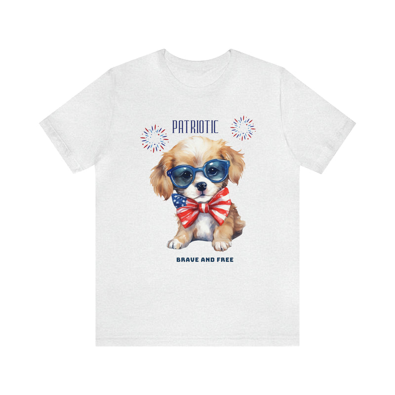 Cute Brave and Free Patriotic Dog on the 4th of July Short Sleeve T-Shirt