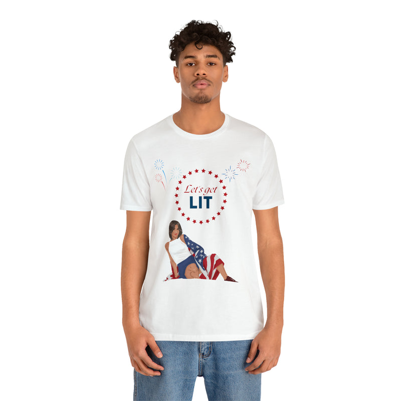 Let's Get Lit Lady Flags and Fireworks 4th of July Short Sleeve T-Shirt