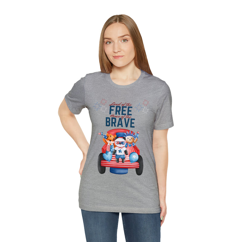 Land of the Free Home of the Brave Bears and Trucks 4th of July Short Sleeve T-Shirt