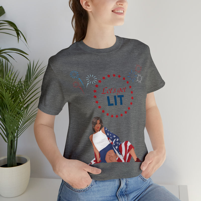 Let's Get Lit Lady Flags and Fireworks 4th of July Short Sleeve T-Shirt