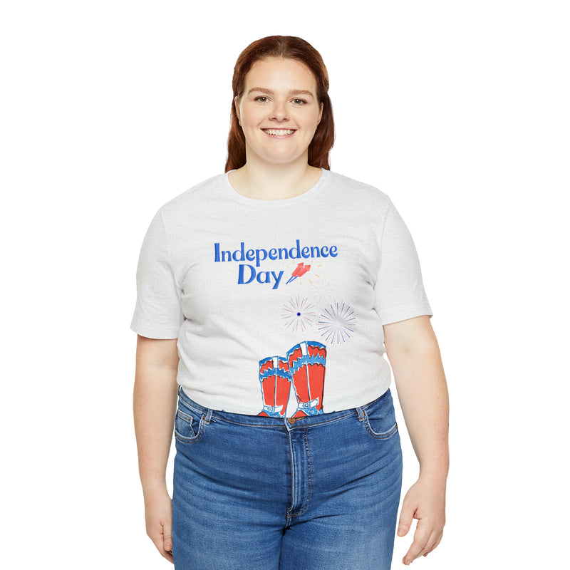 Happy Independence Day Red, White and Blue Cowboy Boots 4th of July Short Sleeve T-Shirt