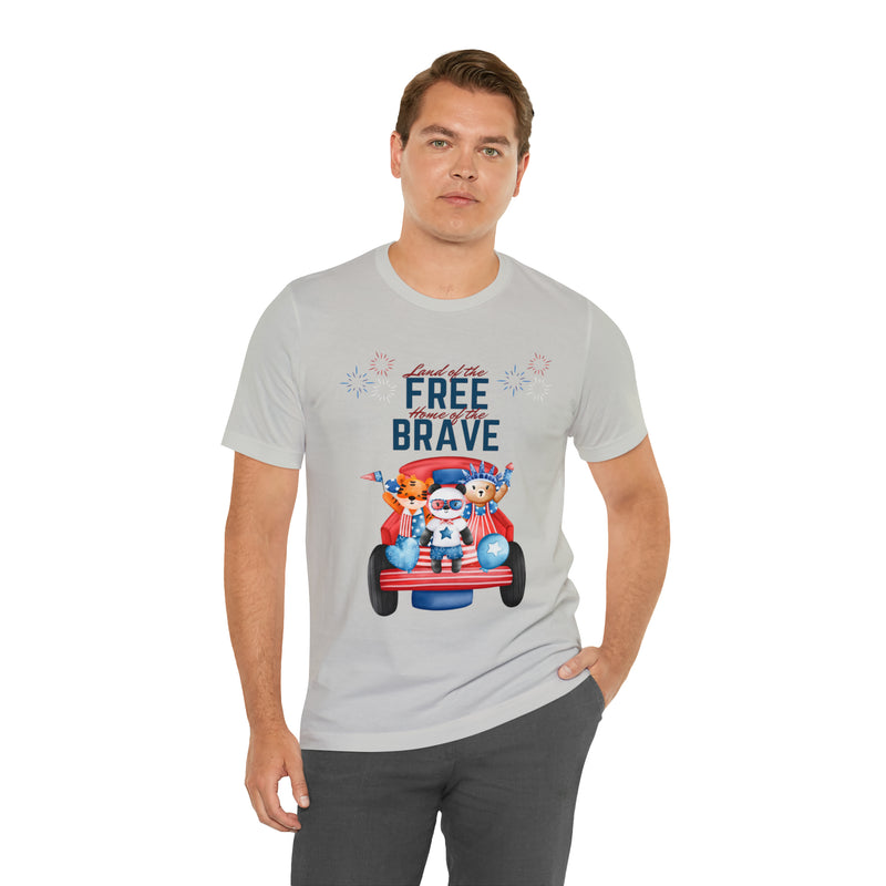 Land of the Free Home of the Brave Bears and Trucks 4th of July Short Sleeve T-Shirt