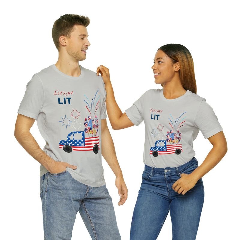 Freedom and Fireworks Patriotic Truck Let's Get Lit on the 4th of July Short Sleeve T-Shirt