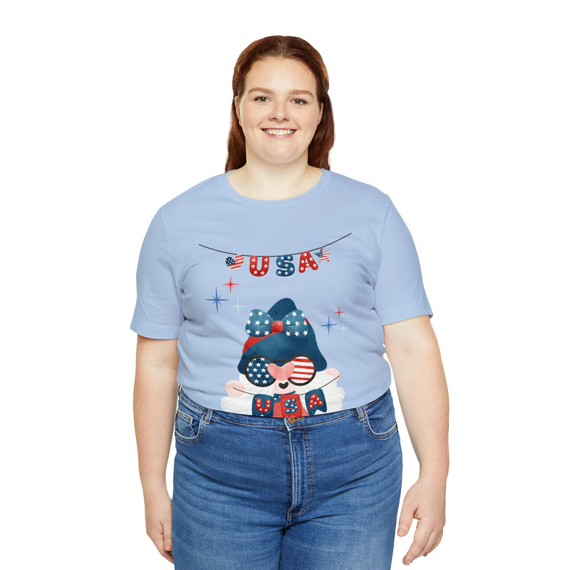 USA Patriotic Gnome Celebrating the 4th of July Short Sleeve T-Shirt