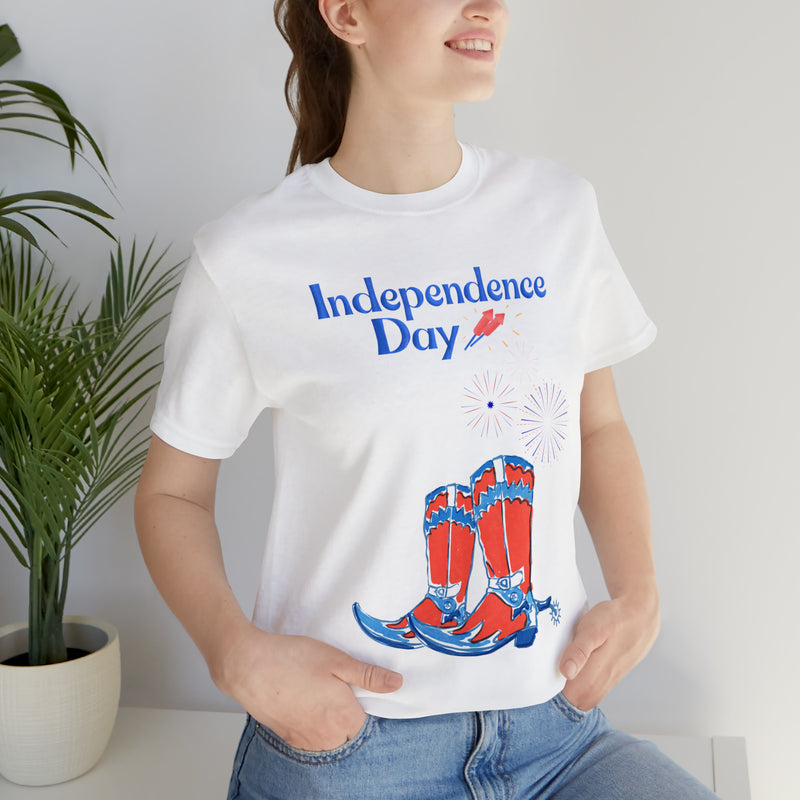 Happy Independence Day Red, White and Blue Cowboy Boots 4th of July Short Sleeve T-Shirt