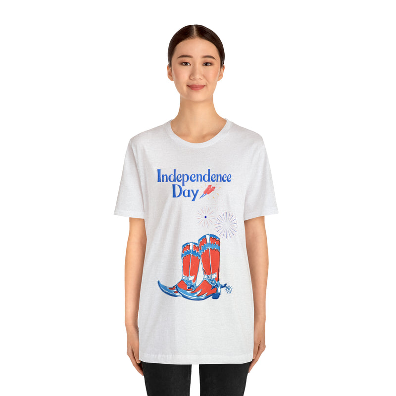 Happy Independence Day Red, White and Blue Cowboy Boots 4th of July Short Sleeve T-Shirt