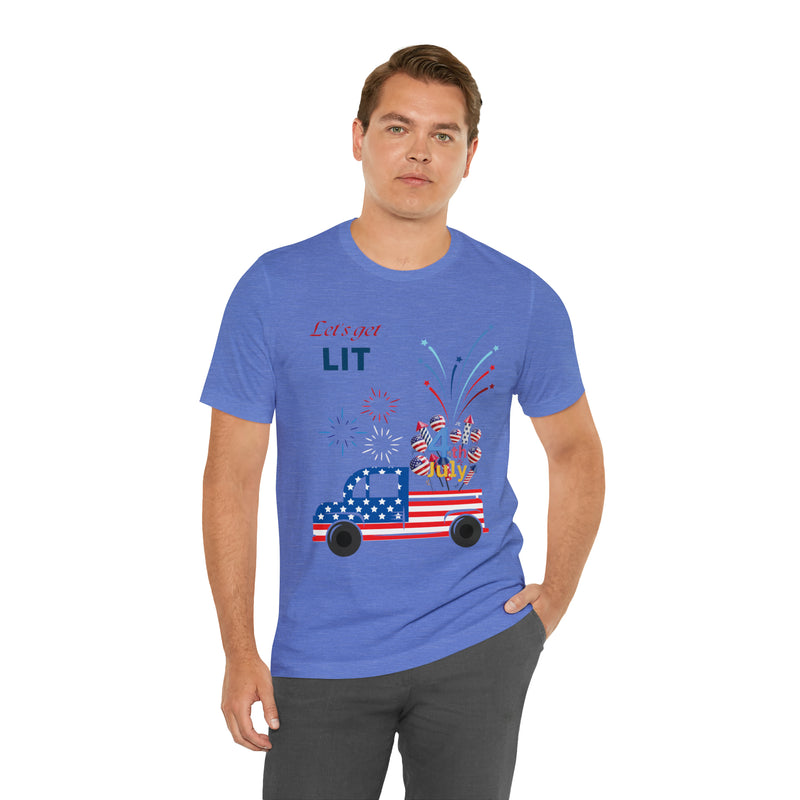 Freedom and Fireworks Patriotic Truck Let's Get Lit on the 4th of July Short Sleeve T-Shirt