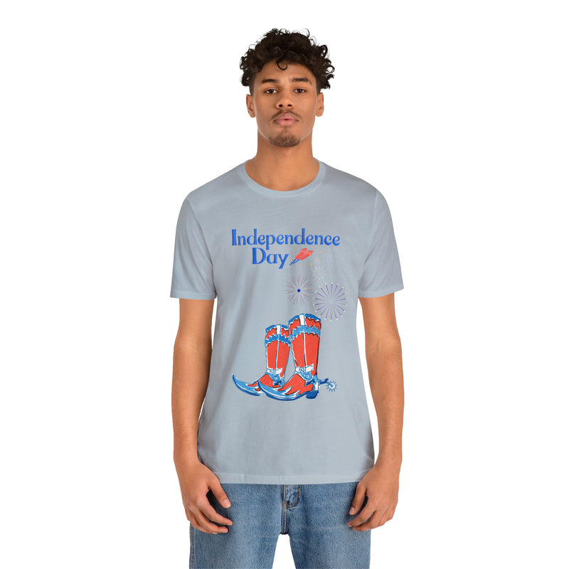 Happy Independence Day Red, White and Blue Cowboy Boots 4th of July Short Sleeve T-Shirt