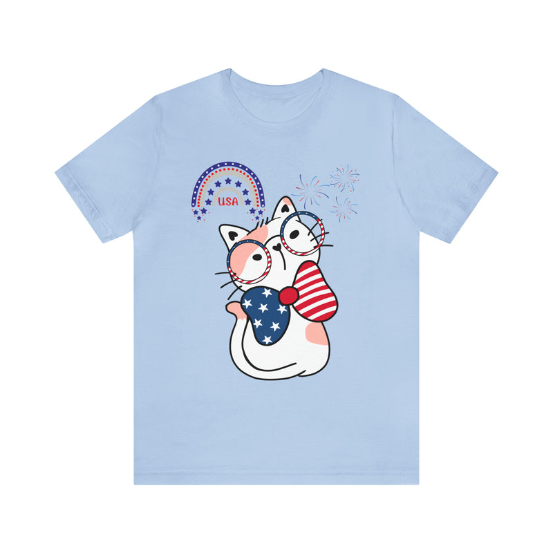 Cute Patriotic Cat Celebrating Freedom in the USA 4th of July Short Sleeve T-Shirt