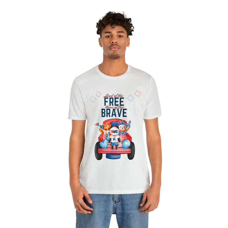 Land of the Free Home of the Brave Bears and Trucks 4th of July Short Sleeve T-Shirt