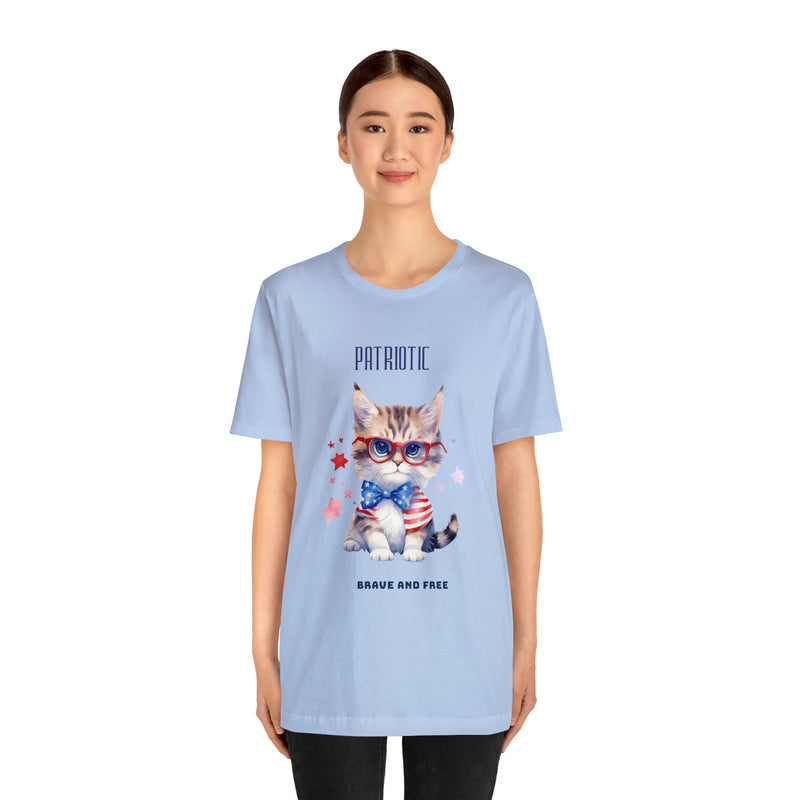 Curious and Cute Brave and Free Patriotic Cat Celebrating the 4th of July Short Sleeve T-Shirt