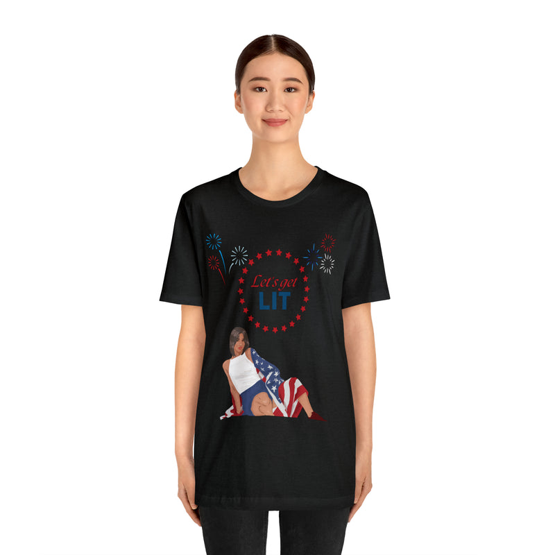 Let's Get Lit Lady Flags and Fireworks 4th of July Short Sleeve T-Shirt