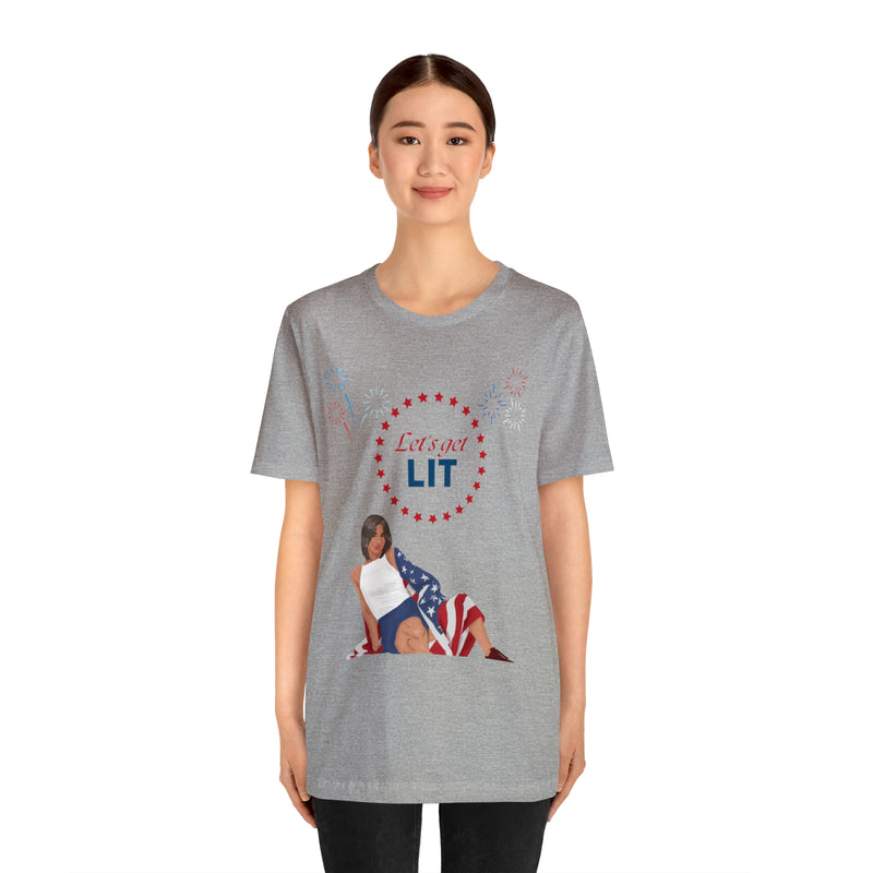 Let's Get Lit Lady Flags and Fireworks 4th of July Short Sleeve T-Shirt