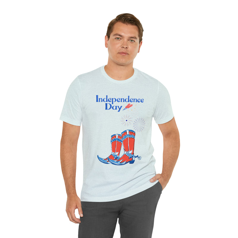 Happy Independence Day Red, White and Blue Cowboy Boots 4th of July Short Sleeve T-Shirt