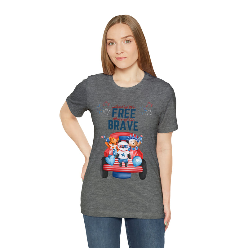 Land of the Free Home of the Brave Bears and Trucks 4th of July Short Sleeve T-Shirt