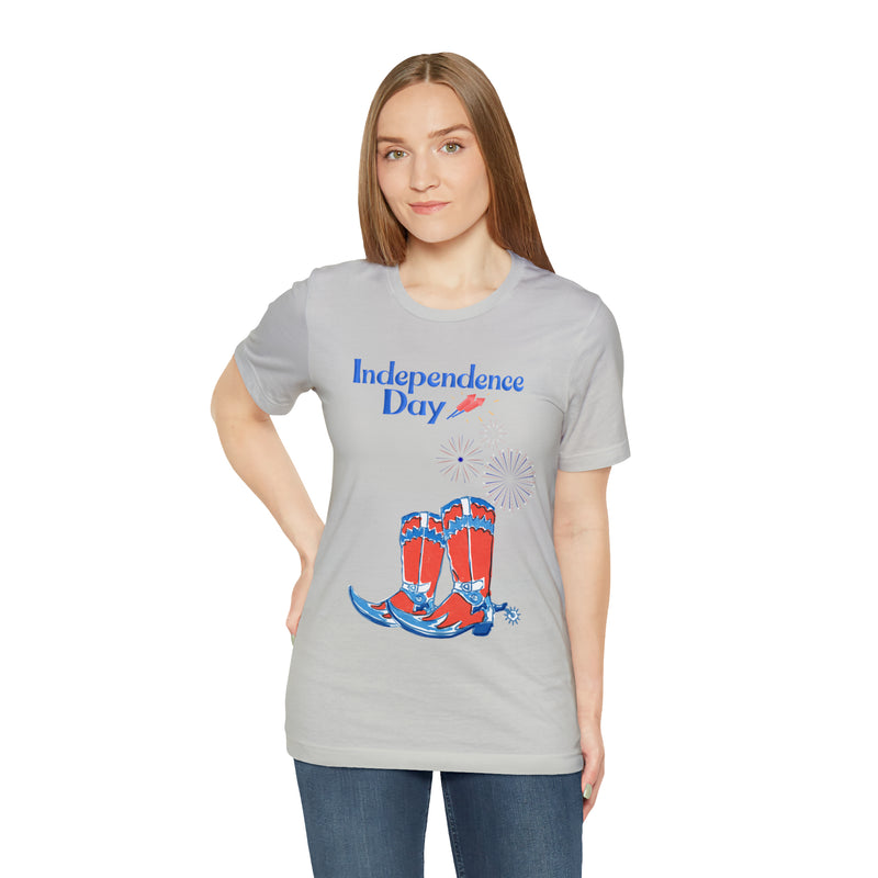 Happy Independence Day Red, White and Blue Cowboy Boots 4th of July Short Sleeve T-Shirt