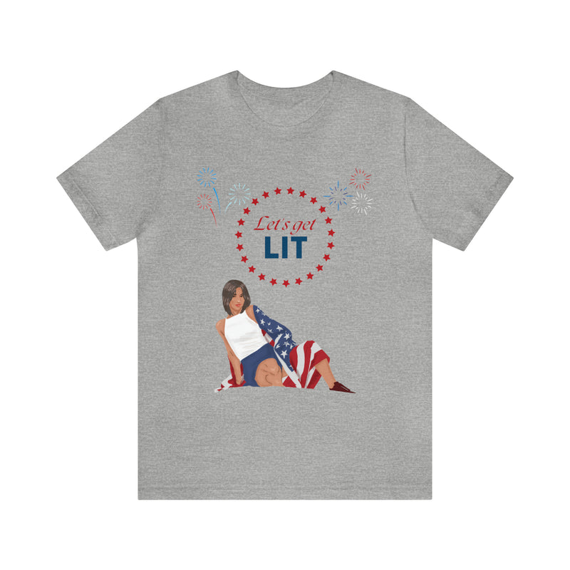 Let's Get Lit Lady Flags and Fireworks 4th of July Short Sleeve T-Shirt