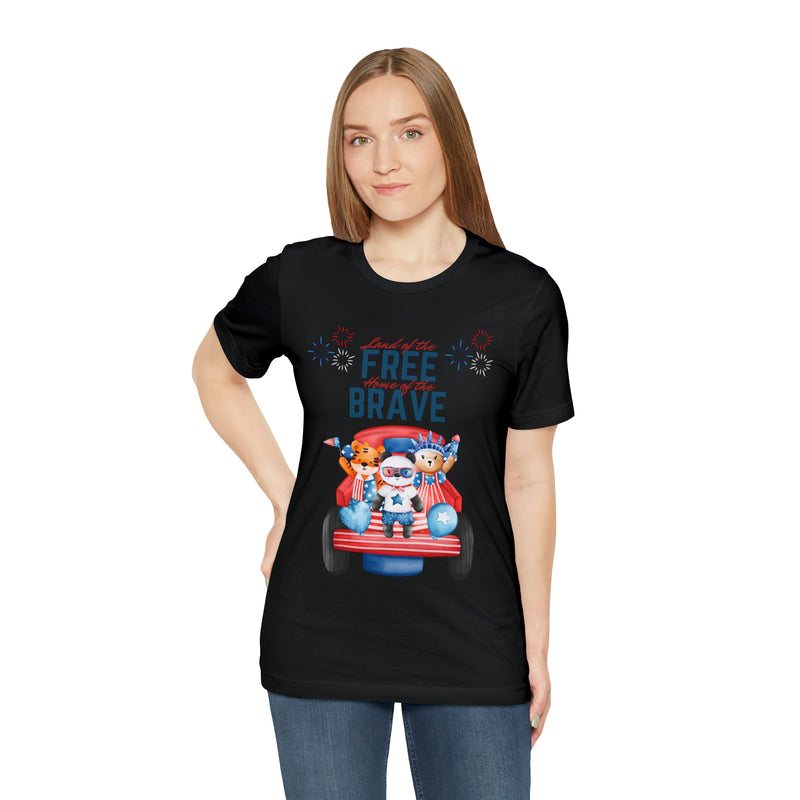 Land of the Free Home of the Brave Bears and Trucks 4th of July Short Sleeve T-Shirt