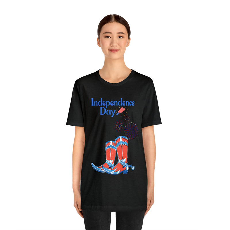 Happy Independence Day Red, White and Blue Cowboy Boots 4th of July Short Sleeve T-Shirt