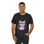 Curious and Cute Brave and Free Patriotic Cat Celebrating the 4th of July Short Sleeve T-Shirt