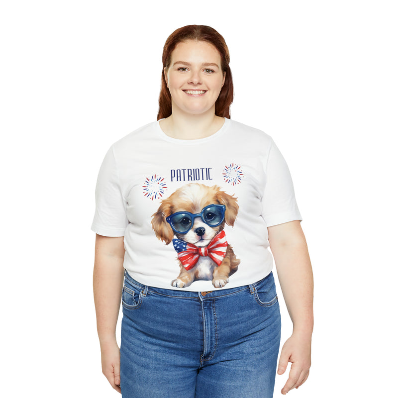 Cute Brave and Free Patriotic Dog on the 4th of July Short Sleeve T-Shirt