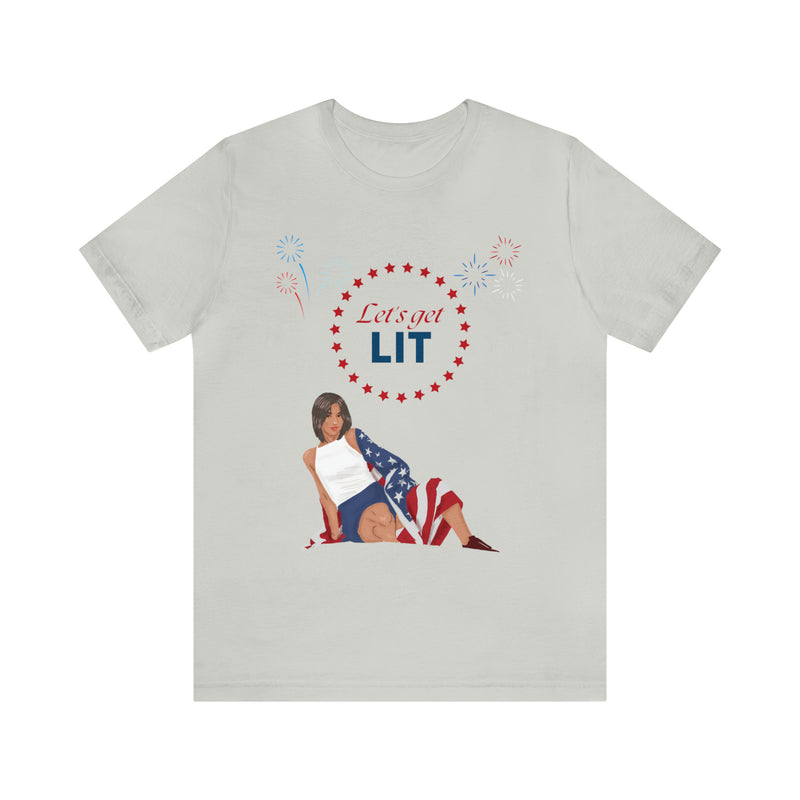 Let's Get Lit Lady Flags and Fireworks 4th of July Short Sleeve T-Shirt