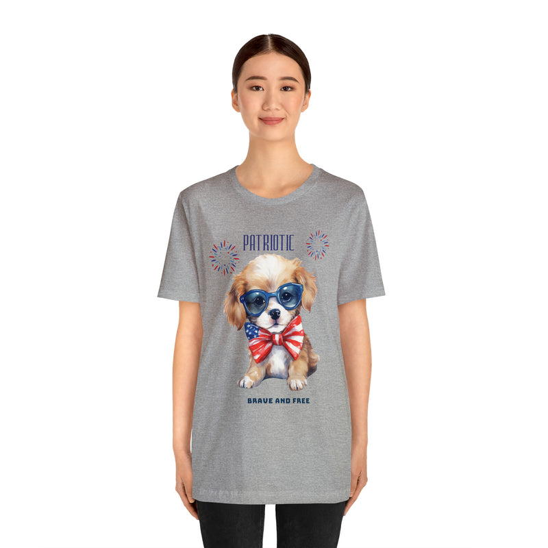 Cute Brave and Free Patriotic Dog on the 4th of July Short Sleeve T-Shirt