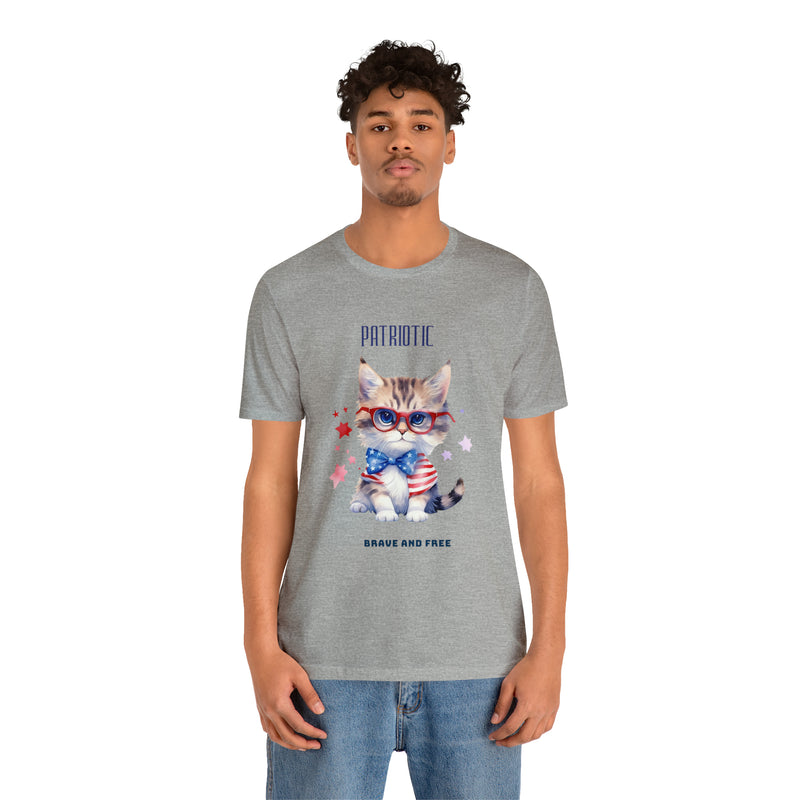 Curious and Cute Brave and Free Patriotic Cat Celebrating the 4th of July Short Sleeve T-Shirt