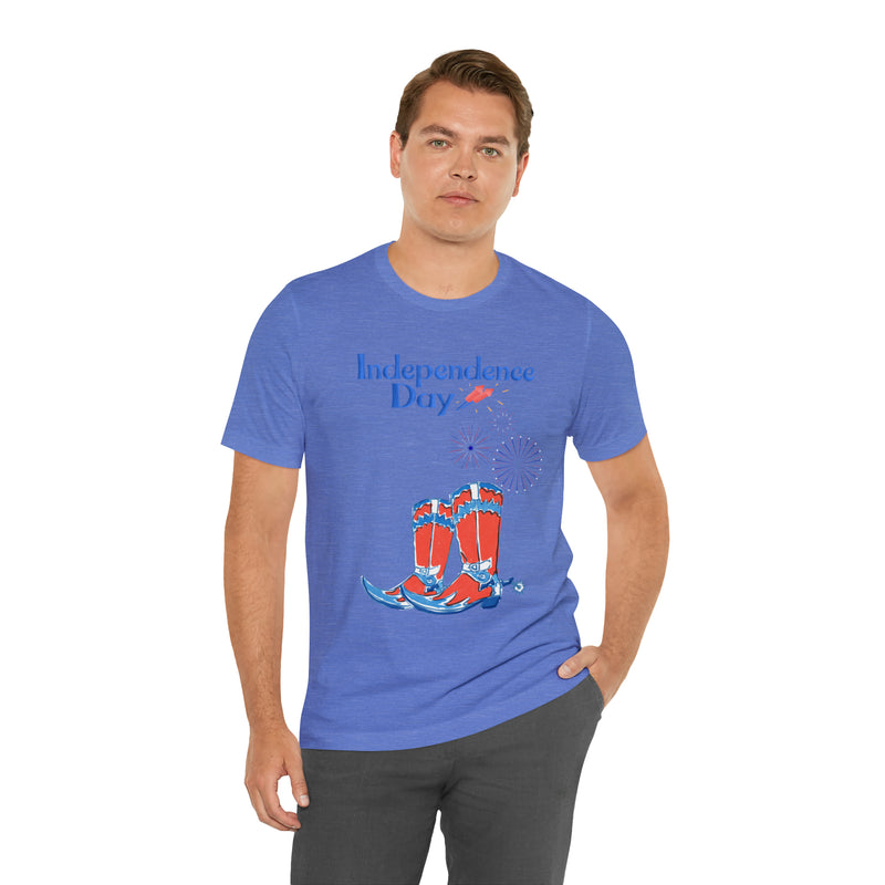 Happy Independence Day Red, White and Blue Cowboy Boots 4th of July Short Sleeve T-Shirt