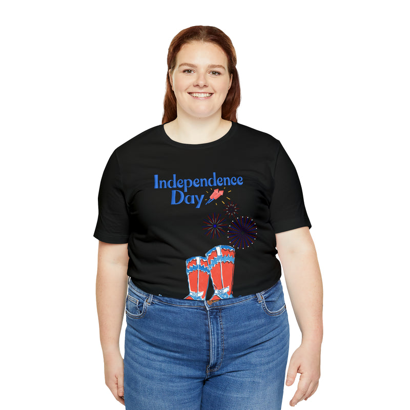 Happy Independence Day Red, White and Blue Cowboy Boots 4th of July Short Sleeve T-Shirt