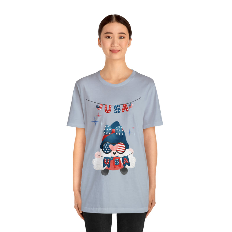 USA Patriotic Gnome Celebrating the 4th of July Short Sleeve T-Shirt