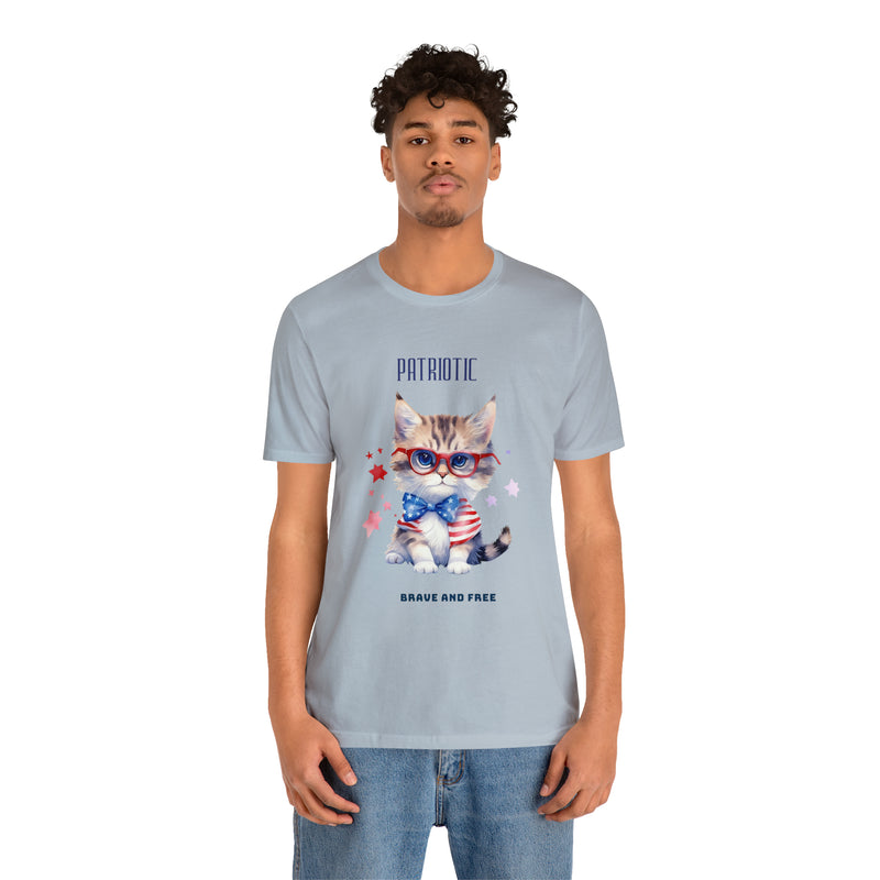 Curious and Cute Brave and Free Patriotic Cat Celebrating the 4th of July Short Sleeve T-Shirt