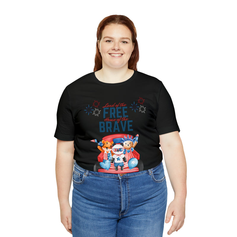 Land of the Free Home of the Brave Bears and Trucks 4th of July Short Sleeve T-Shirt