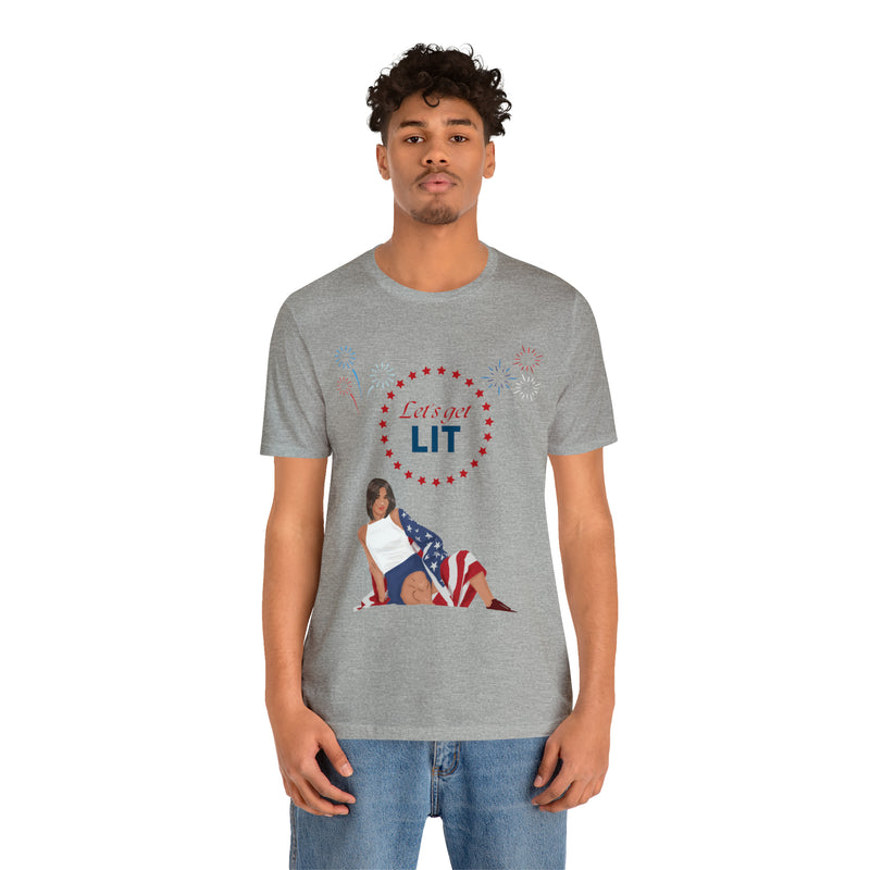 Let's Get Lit Lady Flags and Fireworks 4th of July Short Sleeve T-Shirt