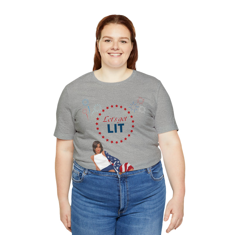 Let's Get Lit Lady Flags and Fireworks 4th of July Short Sleeve T-Shirt