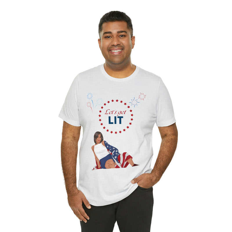 Let's Get Lit Lady Flags and Fireworks 4th of July Short Sleeve T-Shirt