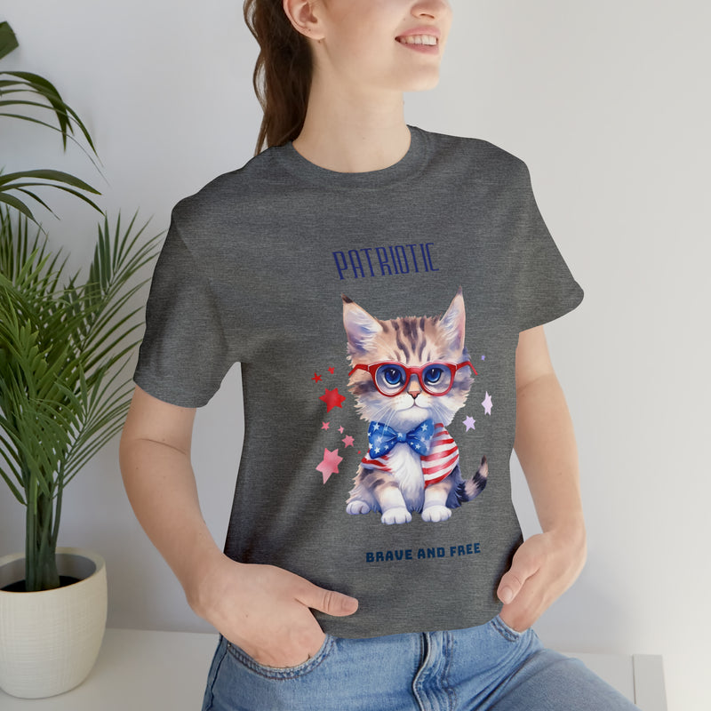 Curious and Cute Brave and Free Patriotic Cat Celebrating the 4th of July Short Sleeve T-Shirt