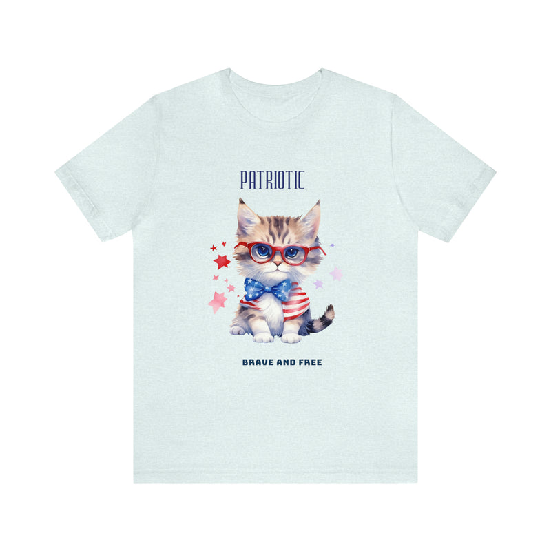 Curious and Cute Brave and Free Patriotic Cat Celebrating the 4th of July Short Sleeve T-Shirt