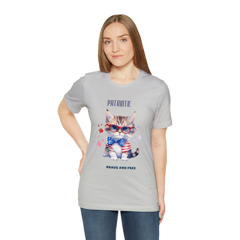 Curious and Cute Brave and Free Patriotic Cat Celebrating the 4th of July Short Sleeve T-Shirt