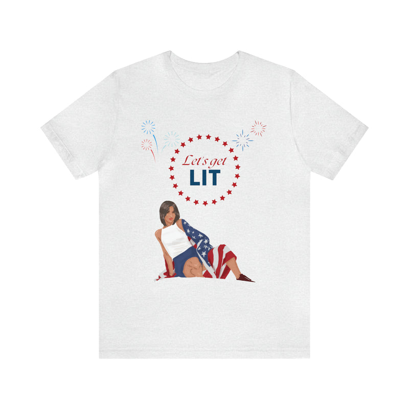 Let's Get Lit Lady Flags and Fireworks 4th of July Short Sleeve T-Shirt