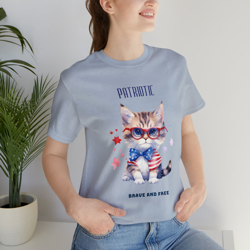 Curious and Cute Brave and Free Patriotic Cat Celebrating the 4th of July Short Sleeve T-Shirt