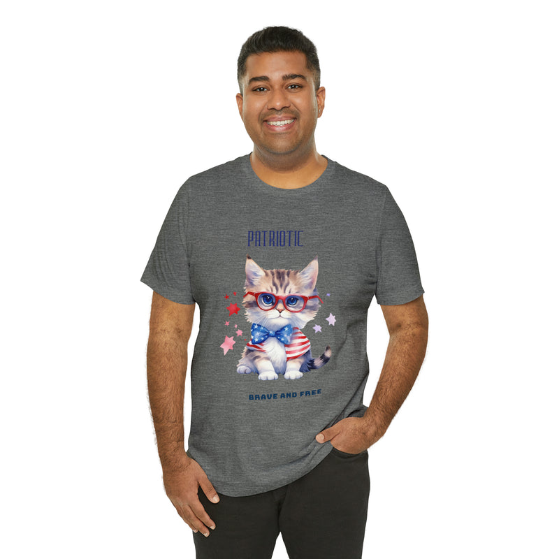 Curious and Cute Brave and Free Patriotic Cat Celebrating the 4th of July Short Sleeve T-Shirt