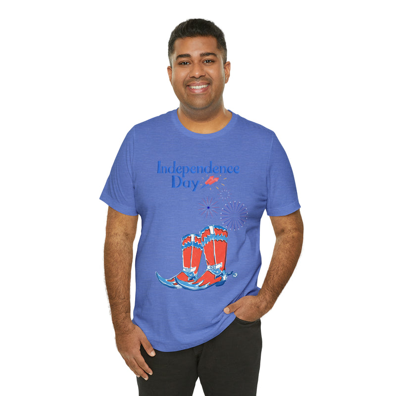 Happy Independence Day Red, White and Blue Cowboy Boots 4th of July Short Sleeve T-Shirt